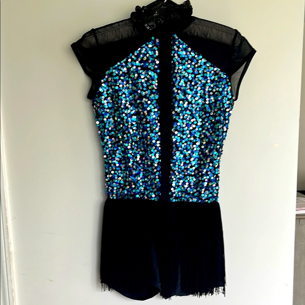Weissman Dance Costume Sequin Black and Blue romper shorts